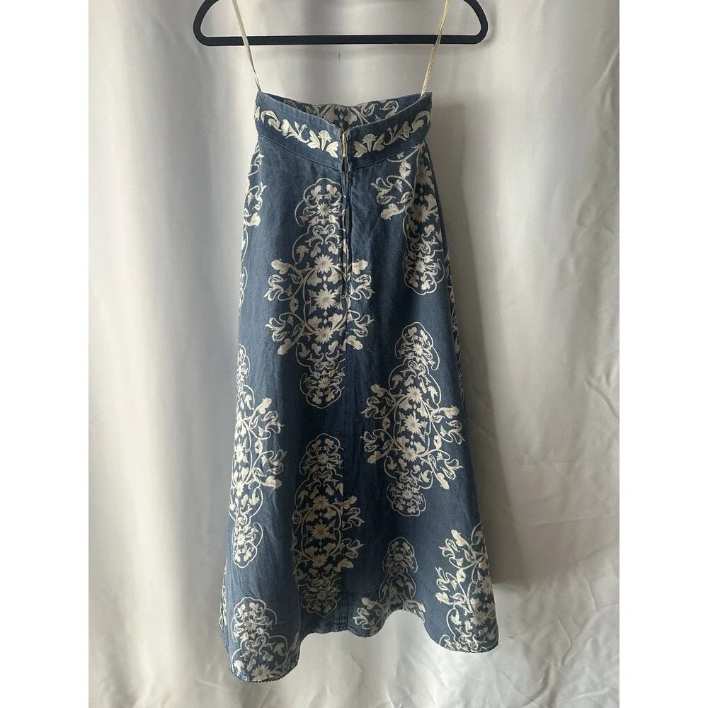 Agua Bendita Bergamota Ribbons 100% Linen Baroque Floral Maxi Skirt Boho Resort